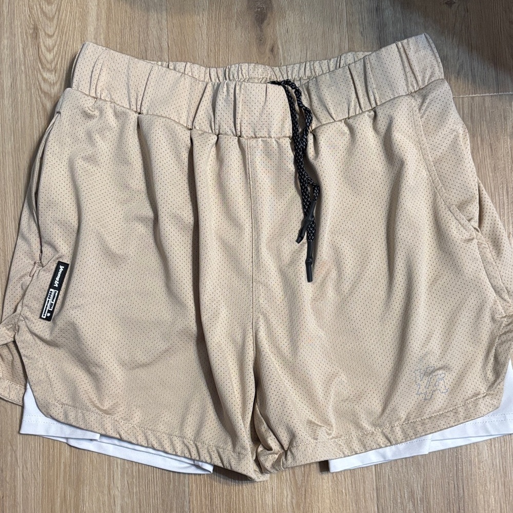 Youngla Beige Athletic Mesh Shorts with Drawstring